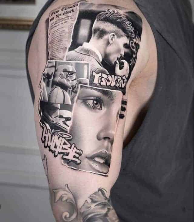 мужская тату на плече чб