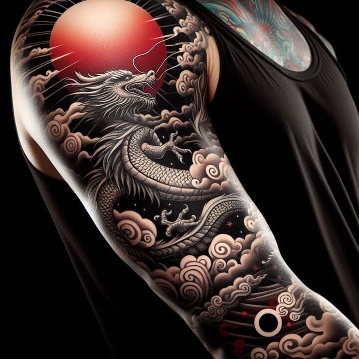 Татуювання дракон з квітами на стегні в акварельному стилі