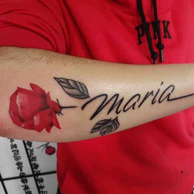 роза и надпись красная тату