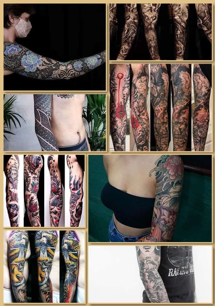 Тату рукав на руке в реалистичном стиле