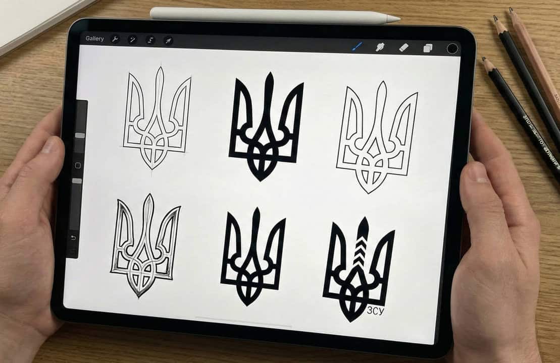 Тризуб ескіз на планшеті