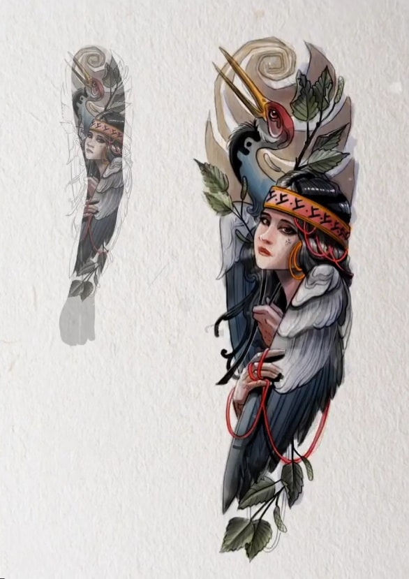 Эскиз тату рукав девушка птица