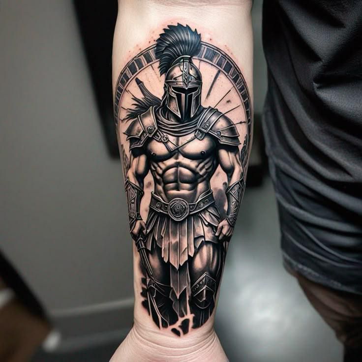 Чоловіче тату на руці з воїном в стилі реалізм
