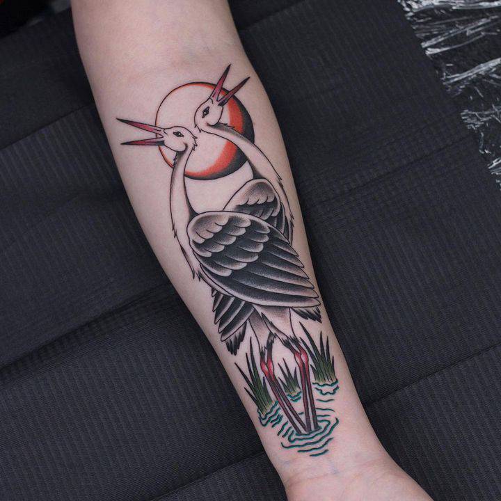 тату журавль, аист, цапля