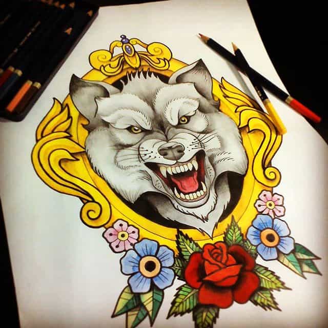 эскизы тату волк с цветами