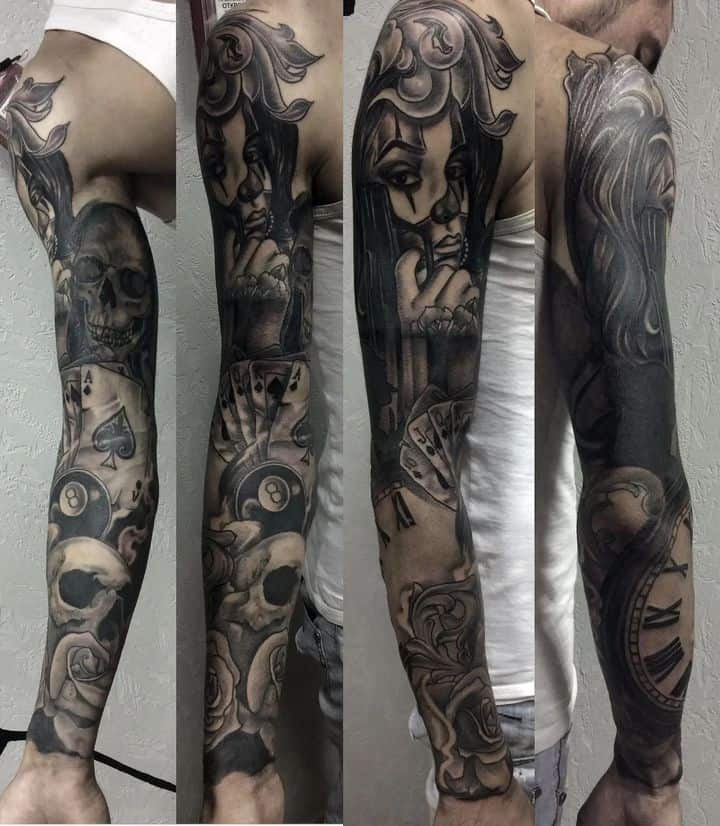 Мужской тату рукав в стиле чикано с плавными переходами