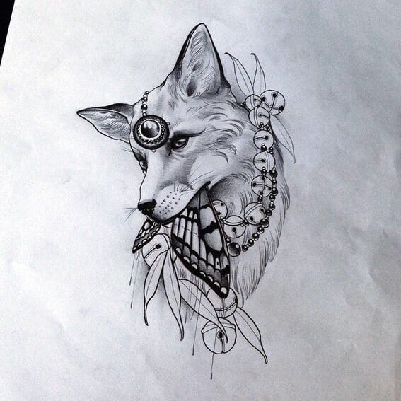 эскиз тату лиса чб