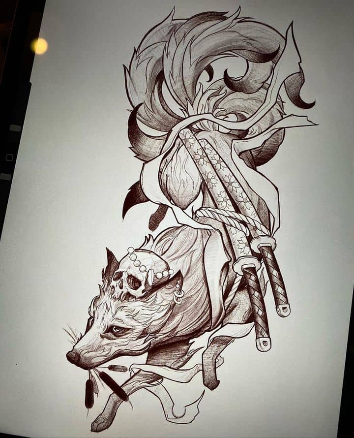 эскиз тату лиса кицунэ