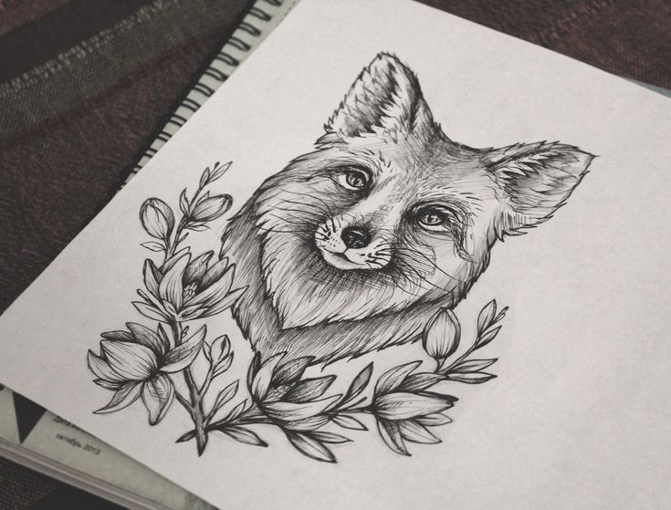 эскиз тату лиса с цветами