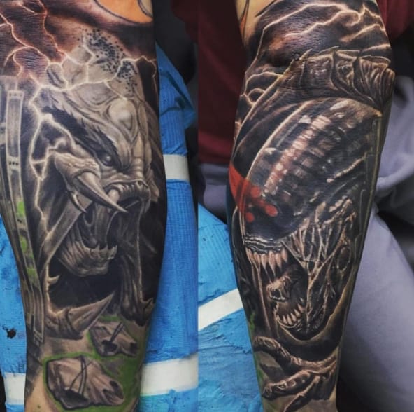 тату чужой и хищник на ногах