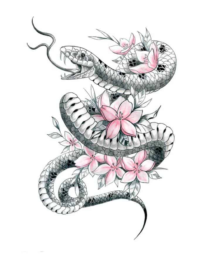 эскиз змея тату с цветами