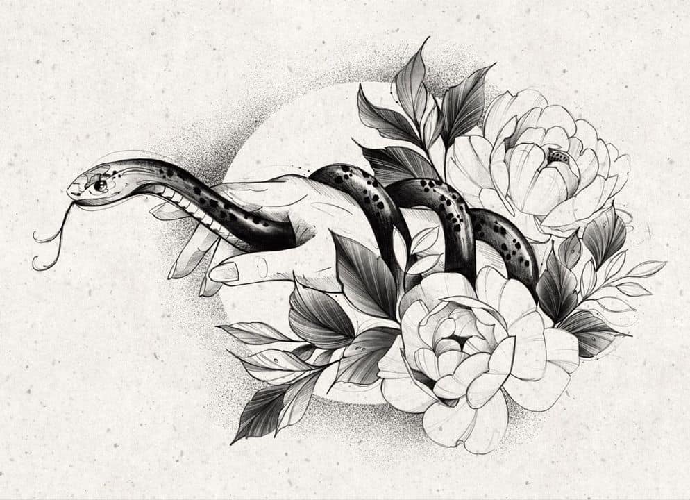 эскиз змея рука и цветы тату
