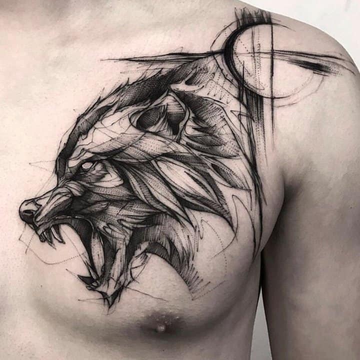 тату волк на груди графика