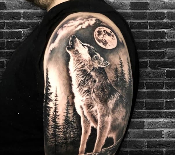 черное тату на белом фоне волк