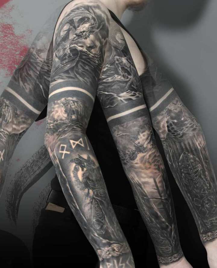 славянский тату рукав руны и море