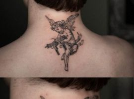 Модне тату на шию з ангелом і гвинтівкою від Тату Салон Альянс. Ідеально для тих, хто цінує унікальний стиль і якість. Янгол Купідон з Узі