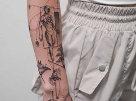 Стильне тату на руці з геометричними елементами та натуралістичним дизайном. Професійне татуювання у салоні Тату Cалон Альянс. полу рукав лайнворк і геометрія