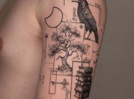 Креативне татуювання з деревом, птахом і геометричними елементами, створене майстром Русланом у Тату Cалон Альянс. лайнворк, мінімалізм, на плече