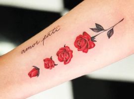 Тату "Amor Fati" з квітами та стрілкою, символізує прийняття долі та життєвий шлях, виконане в стилі реалістичного татуювання. Тату "Amor Fati" з трьома червоними квітами та стрілкою, символізує прийняття долі та життєвий шлях.
