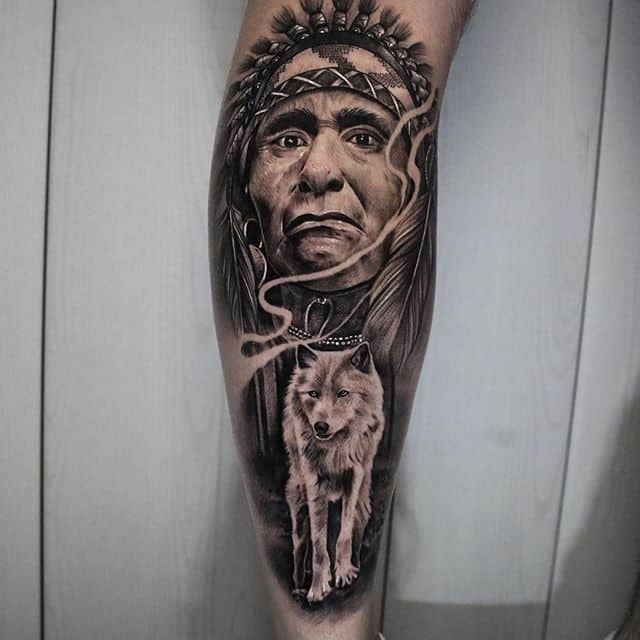 индеец с волком тату