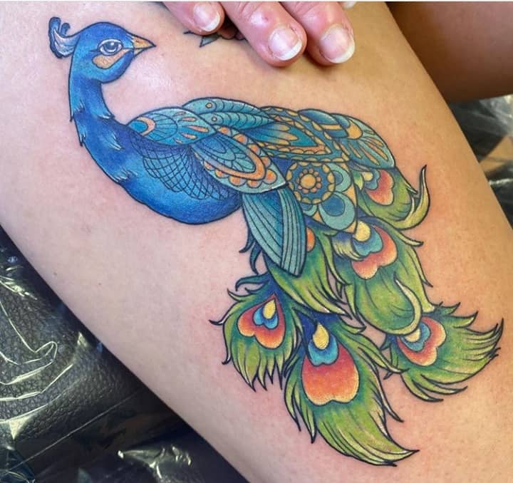Тату павлин на бедре